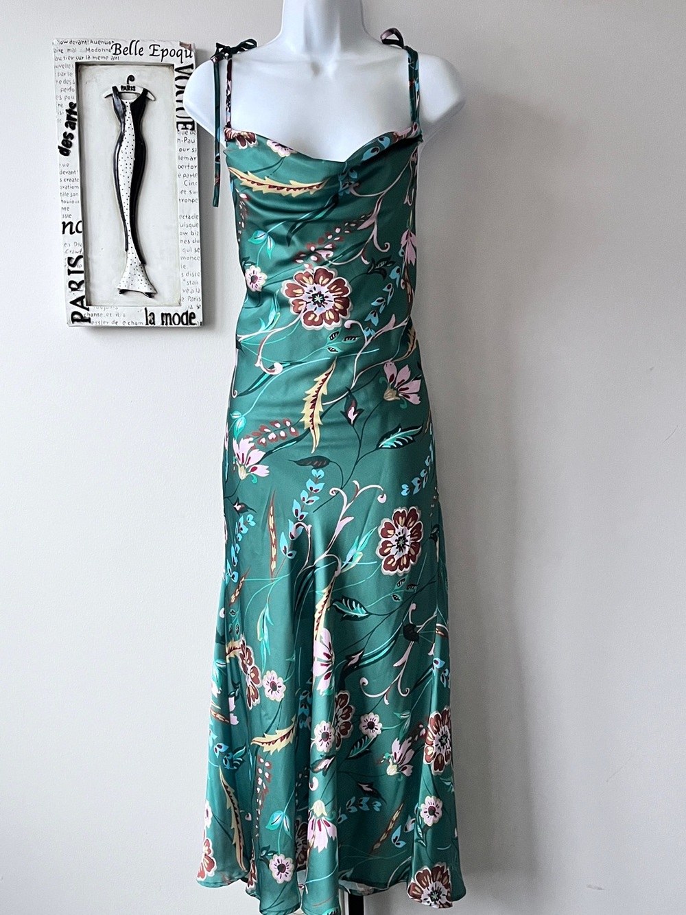THML Green Floral Satin Cowl Neck Midi Wedding Guest Dress Size M